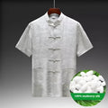 Traditional mulberry silk Tang suit set for men in light green, navy blue or white.