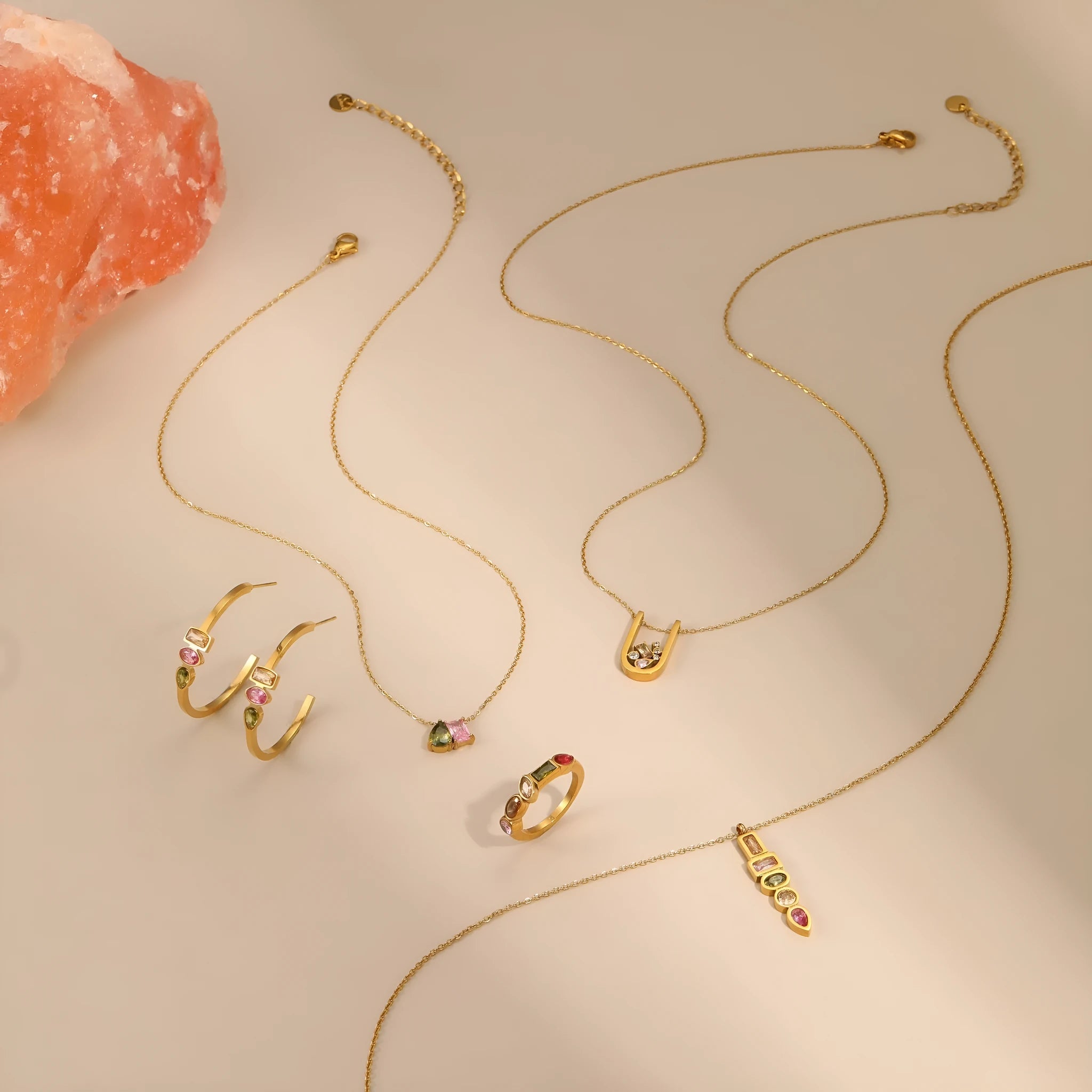 Gold geometric zircon jewellery set with necklace, ring, and earrings on 41-50cm adjustable chain