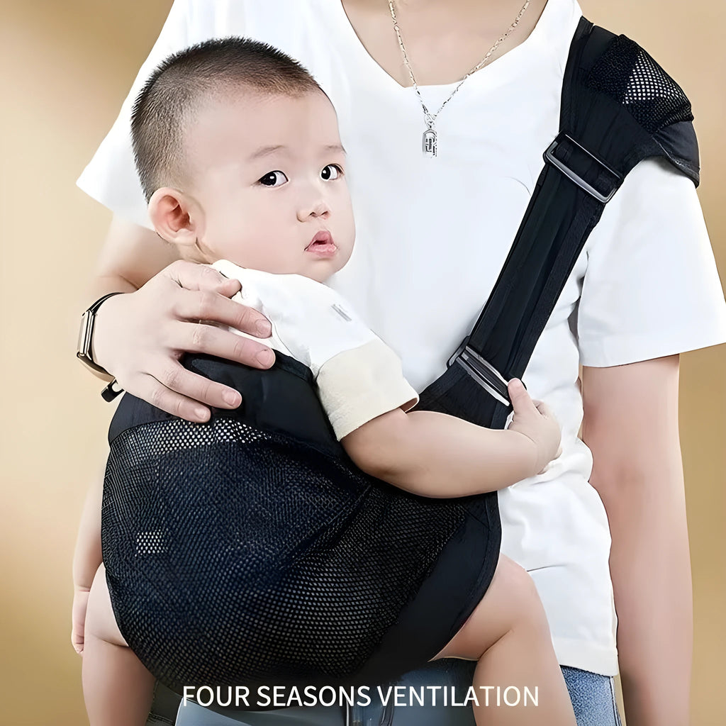 Baby waist stool carrier in fabric showing child carrying position and hip support