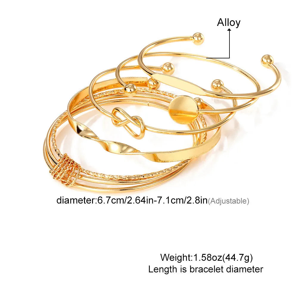 Set of five retro chain bracelets with geometric round, dot, and ring elements in electroplated alloy finish, HS1226 colour.