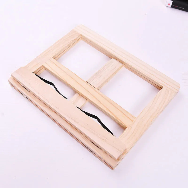Large wooden book easel with iron clip, pine wood, 31 x 24 cm, holding an open book
