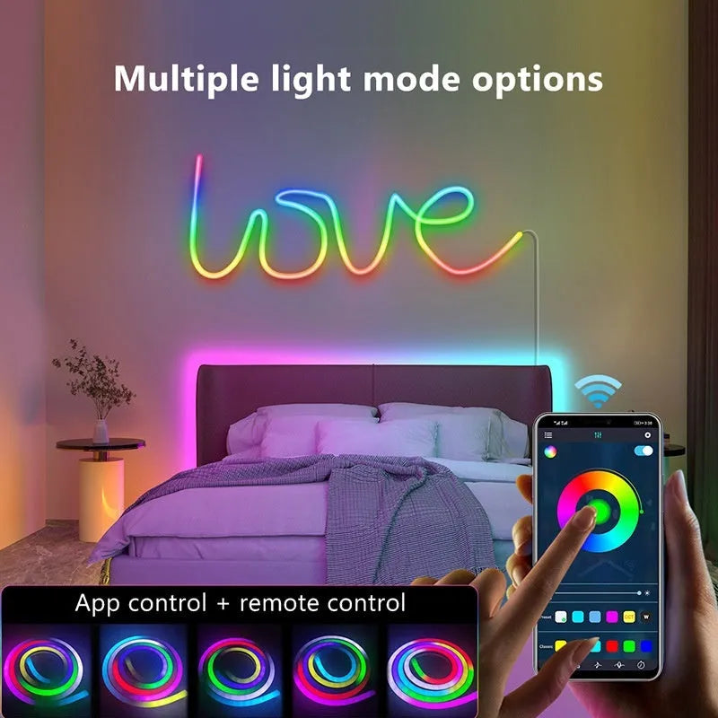 Colourful neon LED strip light with silicone bar, music sync remote, 72 5050 beads per metre, full colour, 5M roll indoor waterproof lighting