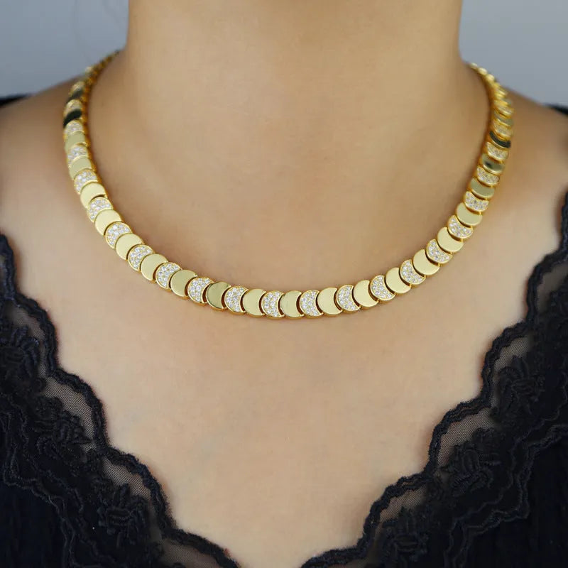 Women's gold moon zircon pendant necklace and bracelet set on chain, 41cm and 17cm