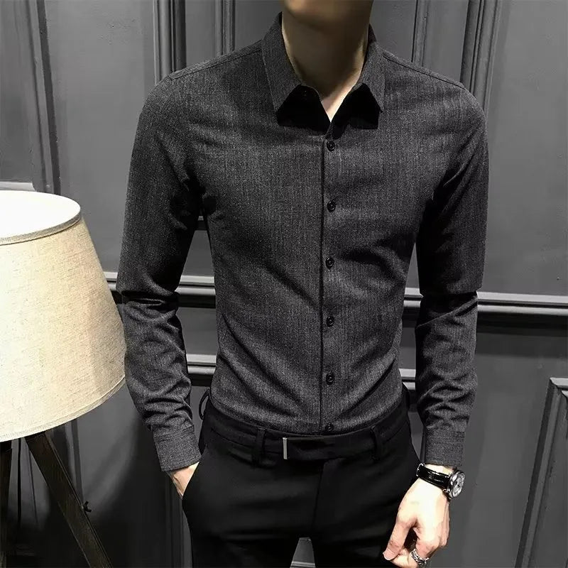 Men's loose fit long sleeve polyester shirt in black, autumn winter style, sizes M to 3XL