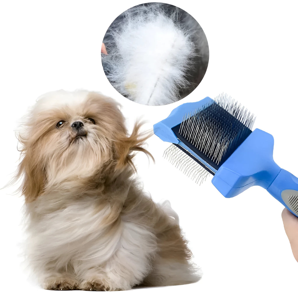 Double-sided stainless steel pet brush for dogs and cats in blue or pink with ergonomic handle