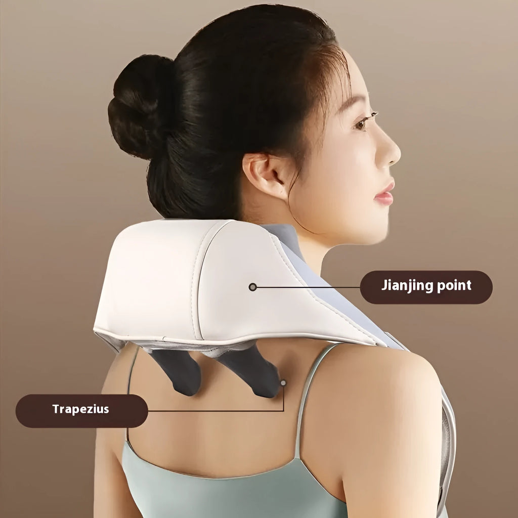 Blue foldable electric neck and shoulder massager with heating function on a table