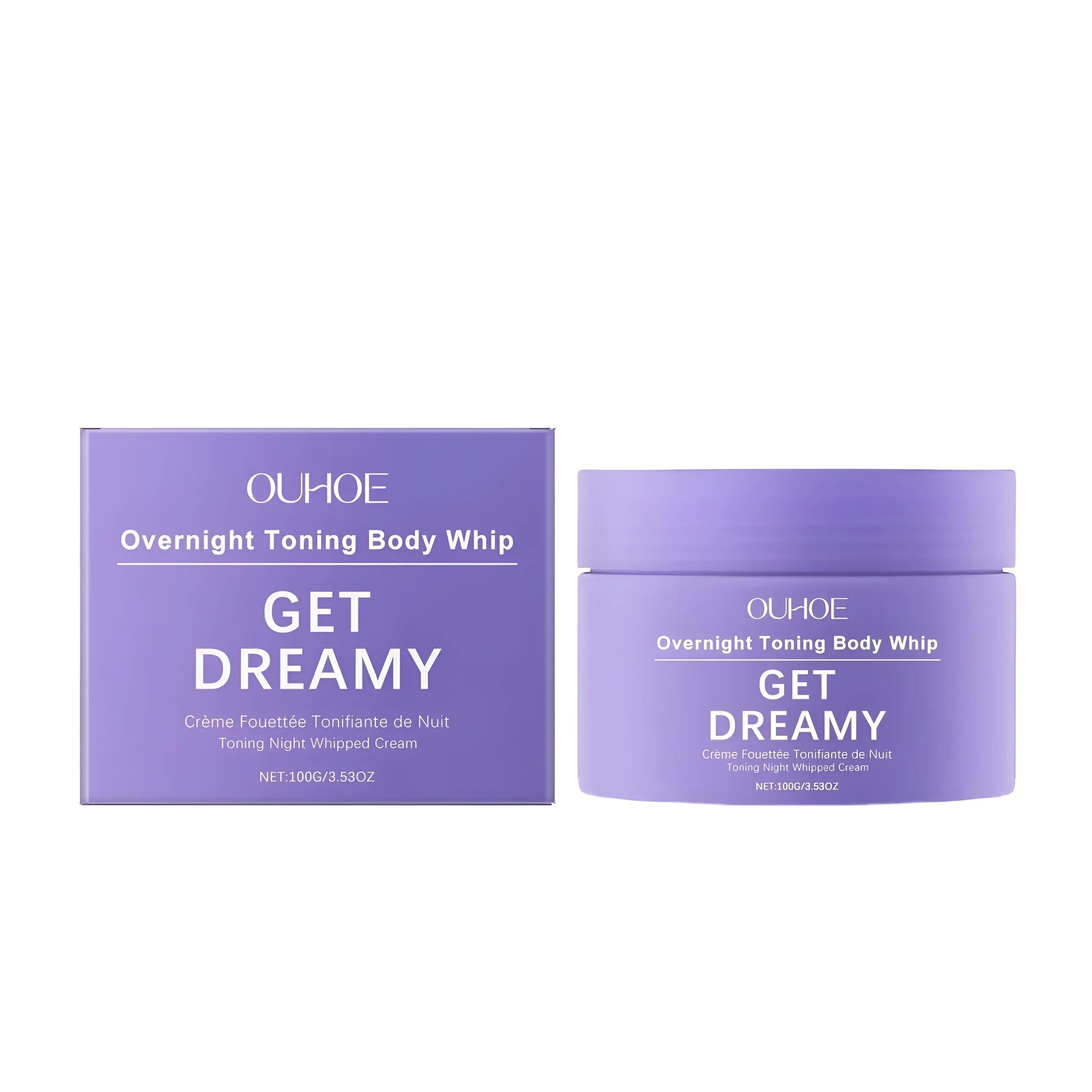 A white 100g jar of body firming lifting cream with a list of key ingredients including glycerin and vitamin E.