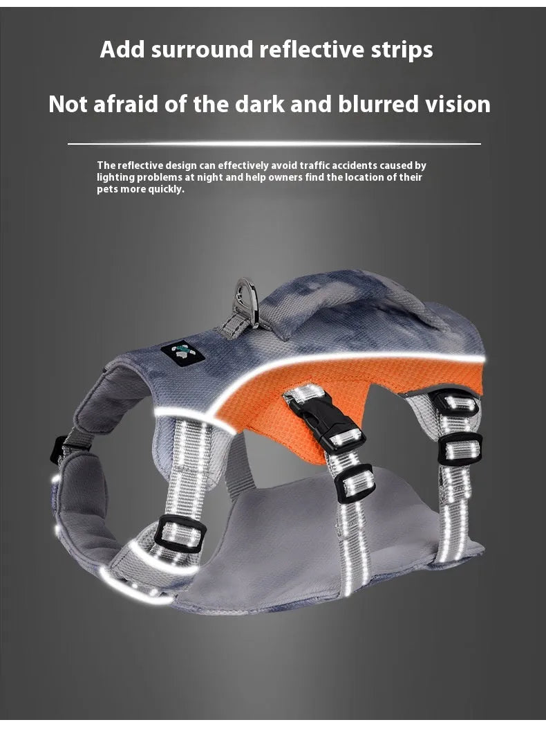 Light blue reflective dog cooling chest strap shown on a dog, with adjustable straps and size label.