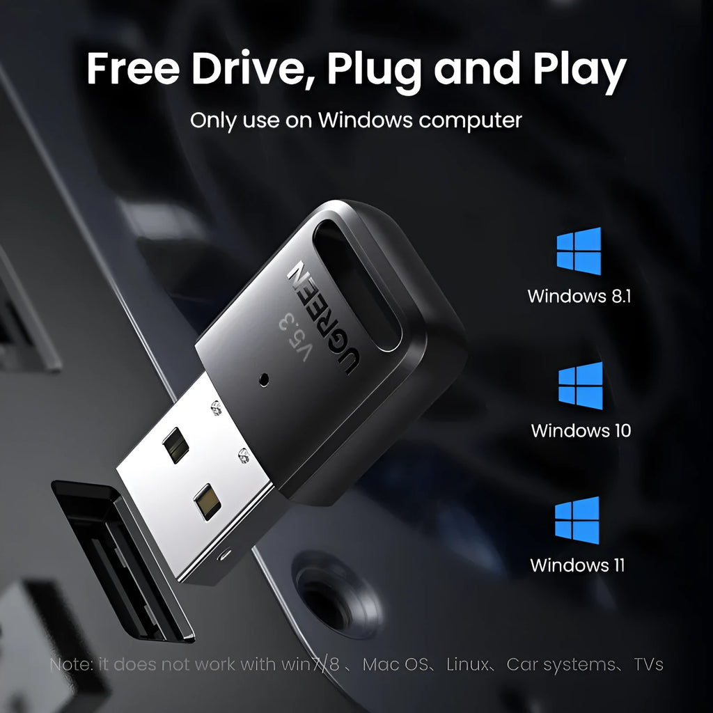 Compact USB Bluetooth 5.0 adapter CM390 in plastic casing with dimensions 114mm x 102mm x 8mm
