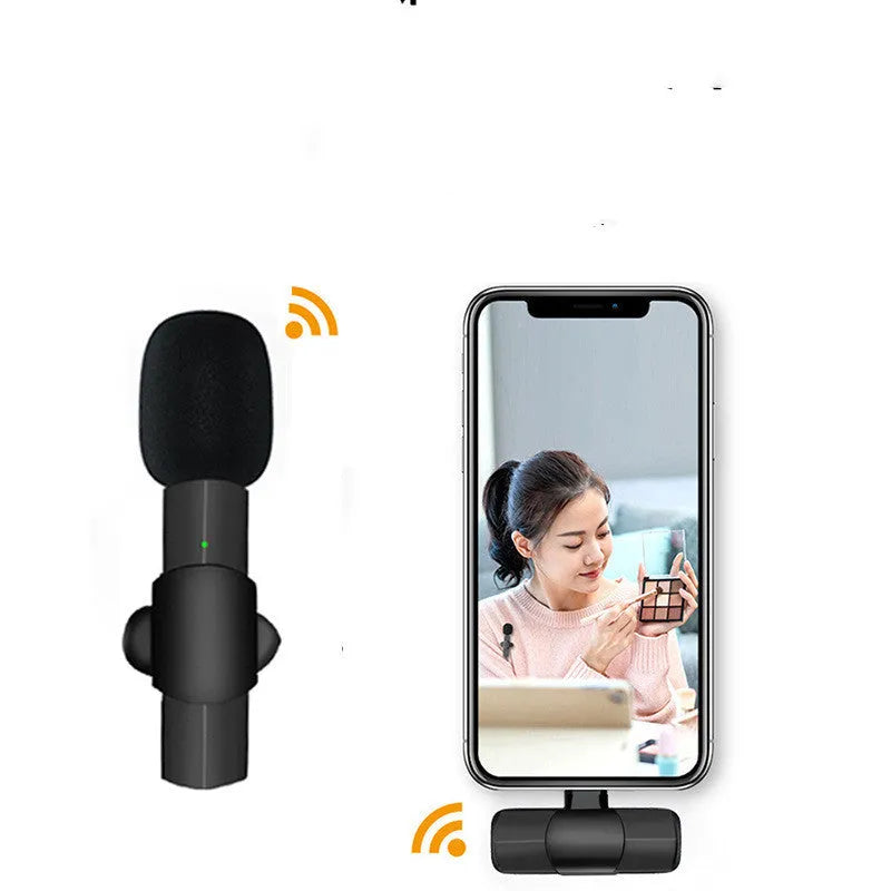 Black wireless lavalier microphone with moving coil technology and omnidirectional pickup for mobile recording