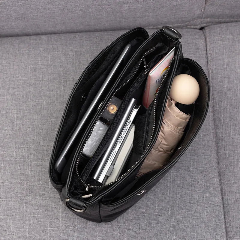 Genuine cowhide leather handbag with plaid pattern, horizontal square shape, single strap, urban minimalist style