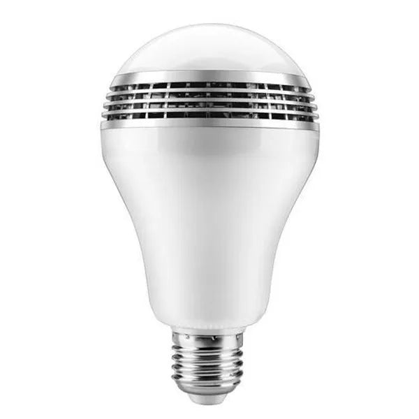 E27 LED smart bulb with built-in Bluetooth speaker, white PC casing, 100x150 mm.
