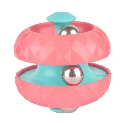 Diamond pattern ball track gyro Rubik's cube fidget toy in blue, green, pink, and white on white background