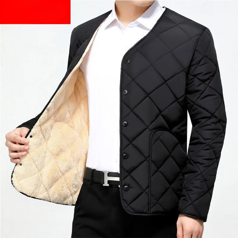 Men's short fleece-lined nylon jacket in black and navy blue, front view, sizes L to 4XL