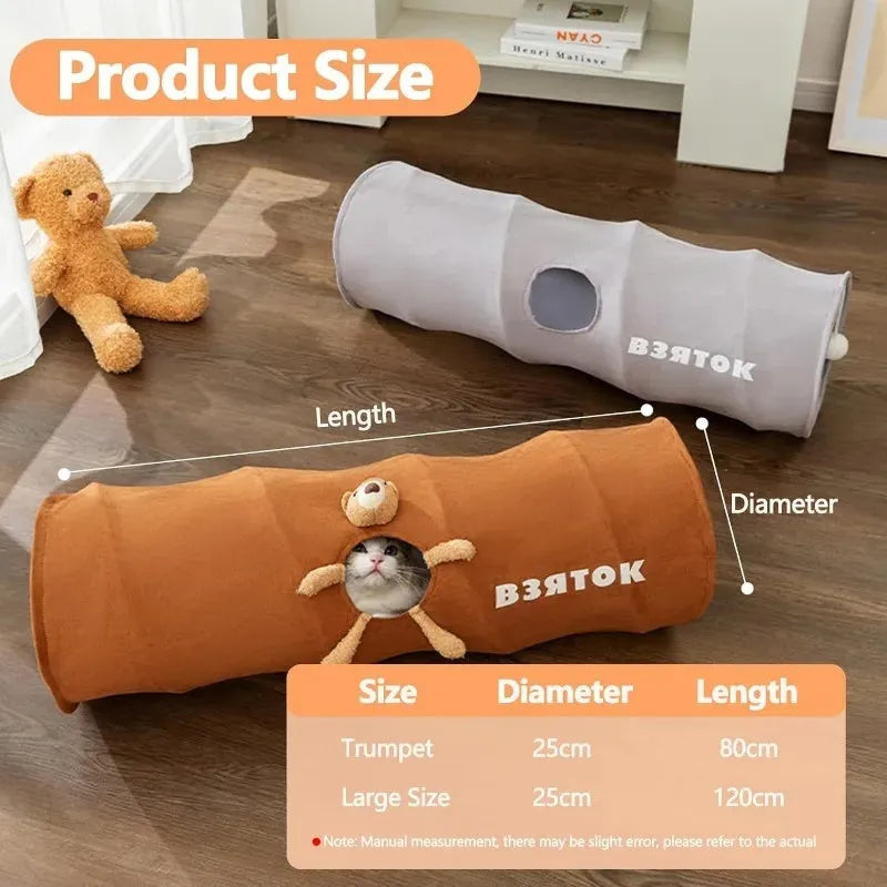 Collapsible cat tunnel with plush ball in brown or grey, showing foldable steel wire frame and suede fabric