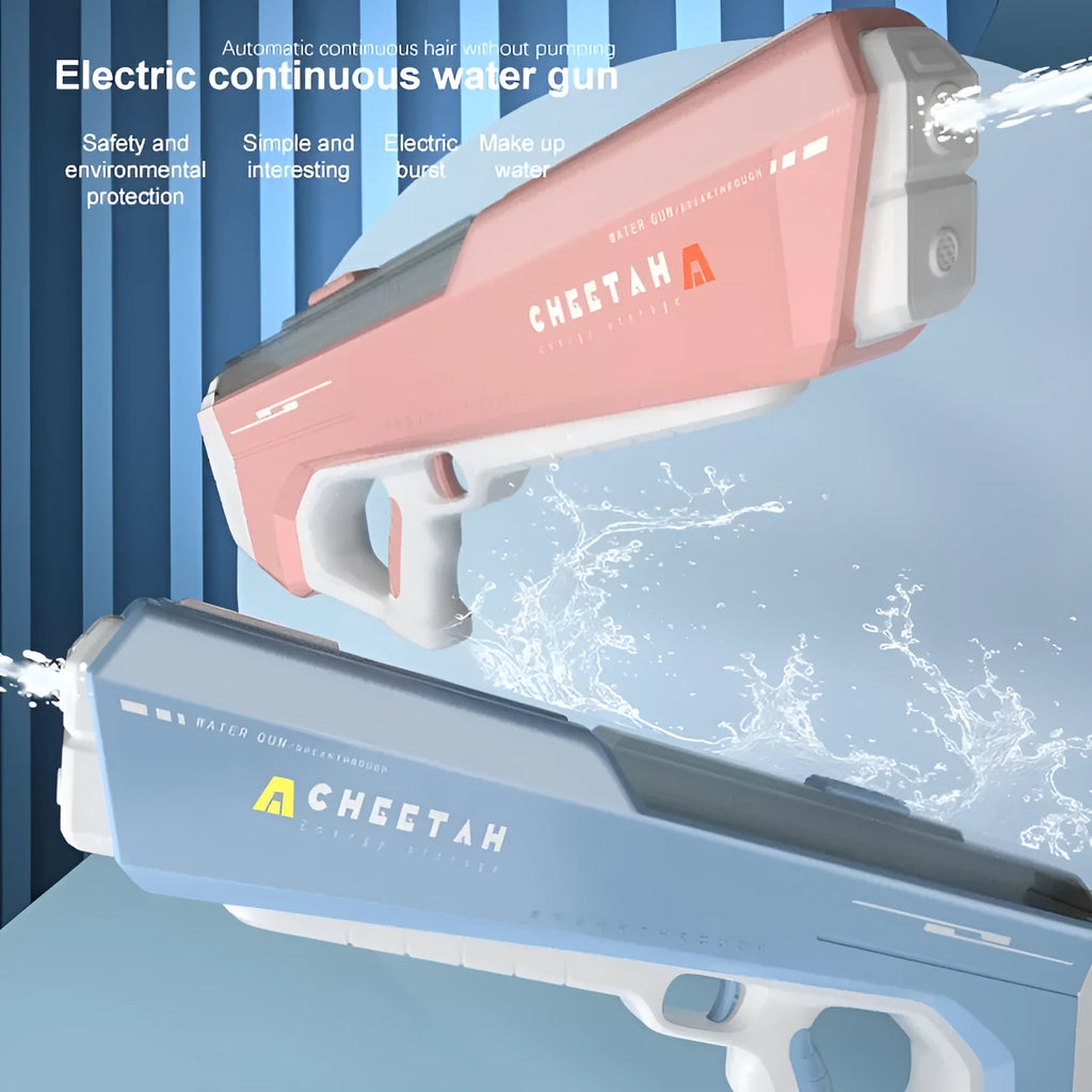 Fully electric water gun toy in sky blue with trigger handle and ABS plastic body on outdoor grass background