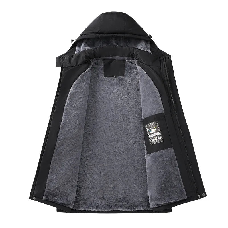 Men's plus size waterproof winter coat in polyester with hood and loose fit