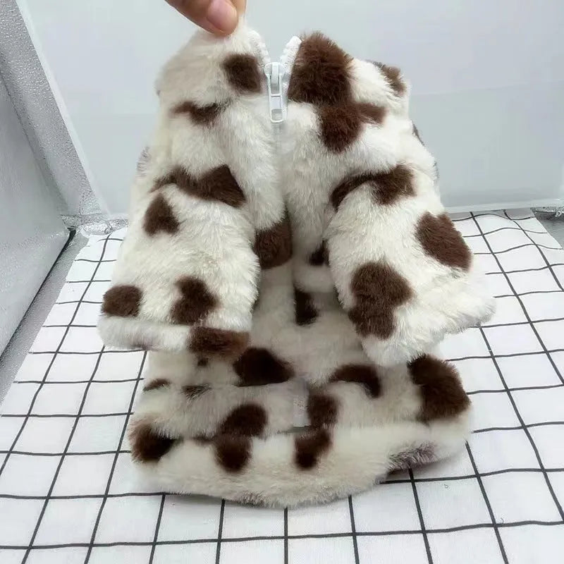 Pink plush-warm polyester dog coat for small breed puppies on a mannequin, showing British style design.