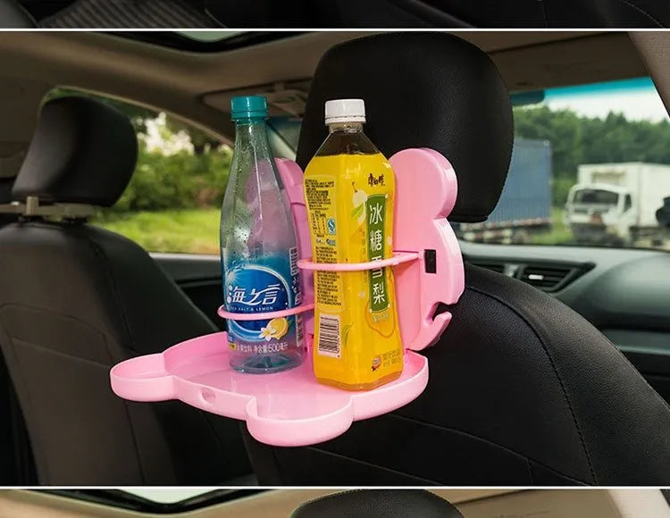 Child car seat table tray in black, with side hooks and a flat surface for snacks and drinks, size 20 x 23.5 cm