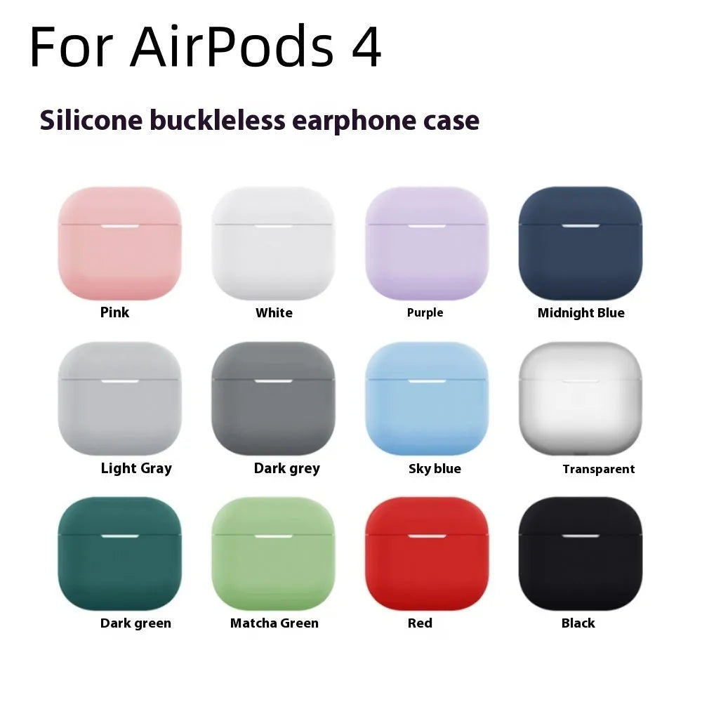 Silicone earphone case for Apple AirPods 4 in twelve colours including white, pink, black, red, and transparent.