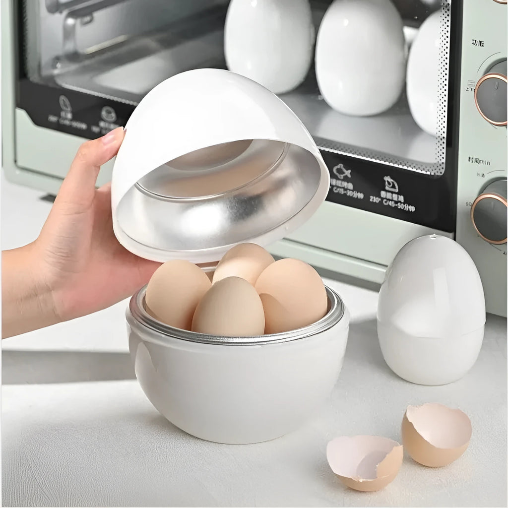 White microwave egg cooker for 4 eggs with adjustable timer knob and vent holes