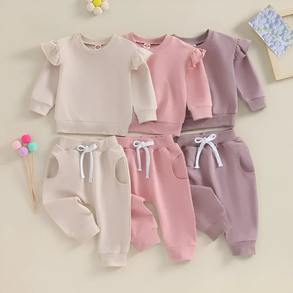 Boys solid colour long sleeve polyester sweater and trousers set, two-piece pullover outfit for 0-24M
