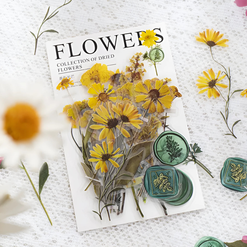 Square dried flower and fire paint design journal stickers in eight colour styles including purple, blue, orange, and pink.