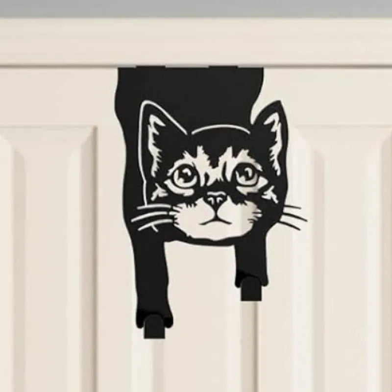 Black iron cat-shaped wall hook with punch-free mounting system