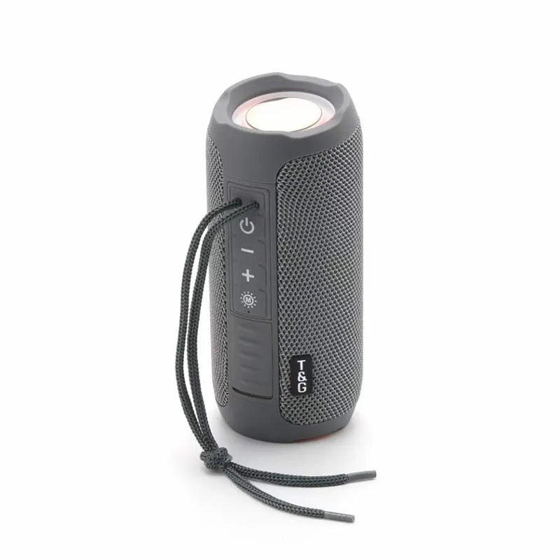 Portable waterproof LED Bluetooth speaker with TF card slot in black colour showing controls and speaker grille