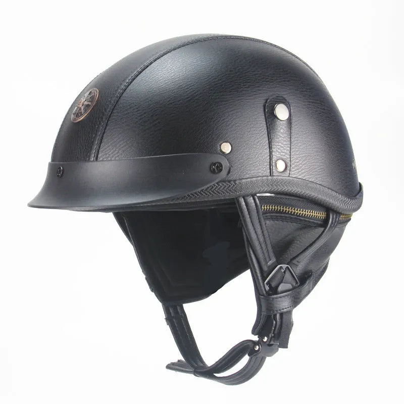 Retro-style half-pedal motorcycle helmet in black artificial leather with handmade construction