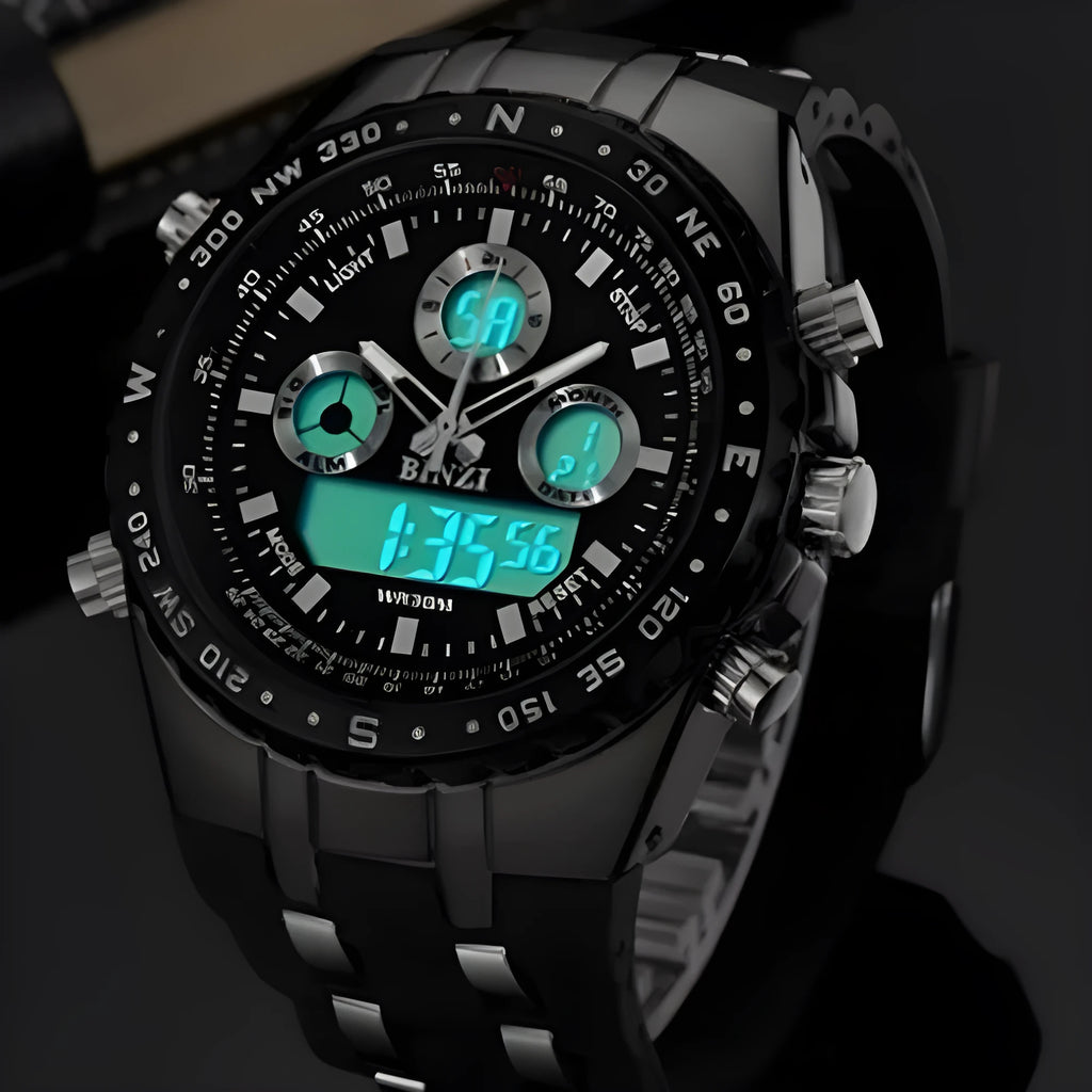 BINZI men's digital sports watch with 52mm stainless steel case, silicone band, black or white, LED display and back light.