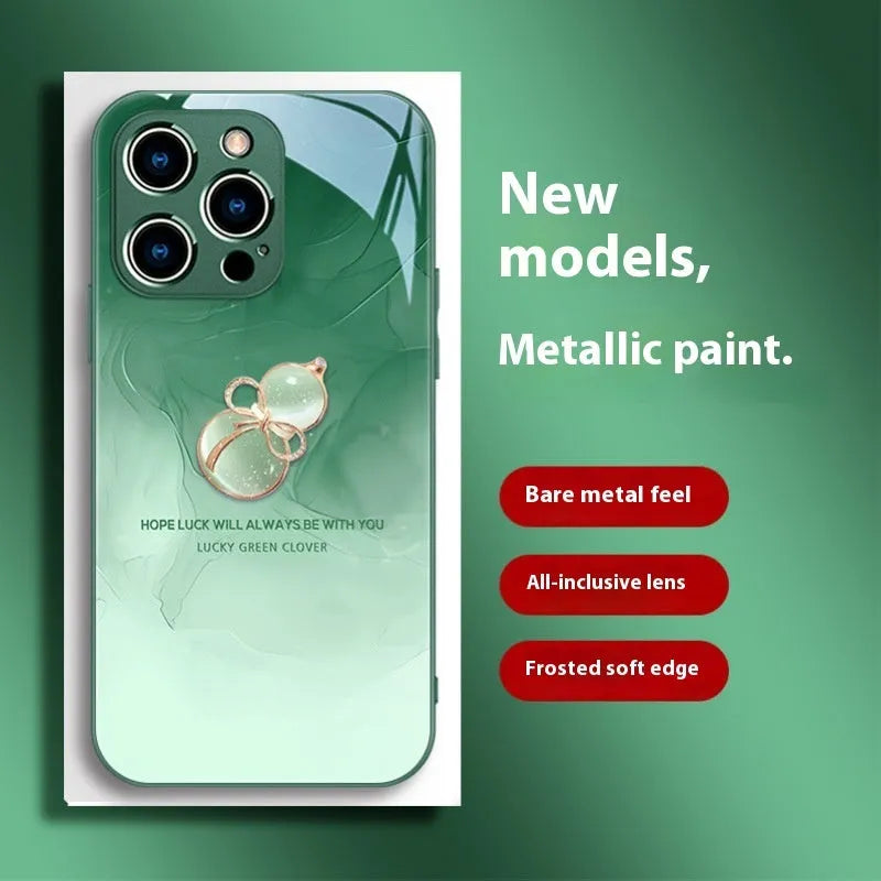 Tempered glass phone case with watercolour blooming gourd pattern and metallic paint lens for iPhone