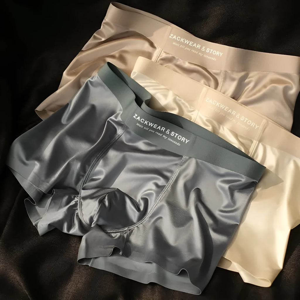 Satin light luxury men's ice silk underwear in brown, cotton boxer briefs, mid-waist, size L to 4XL