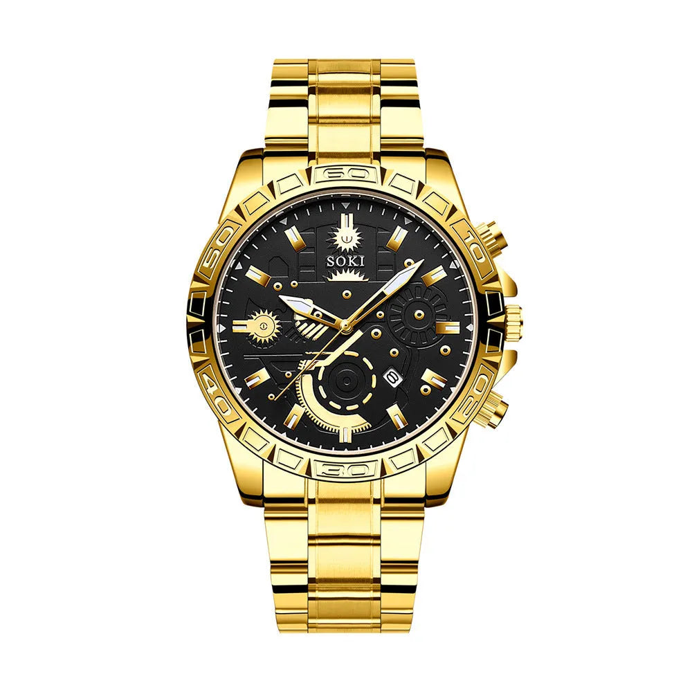 Men's gold stainless steel business quartz watch with date display on a metal bracelet.