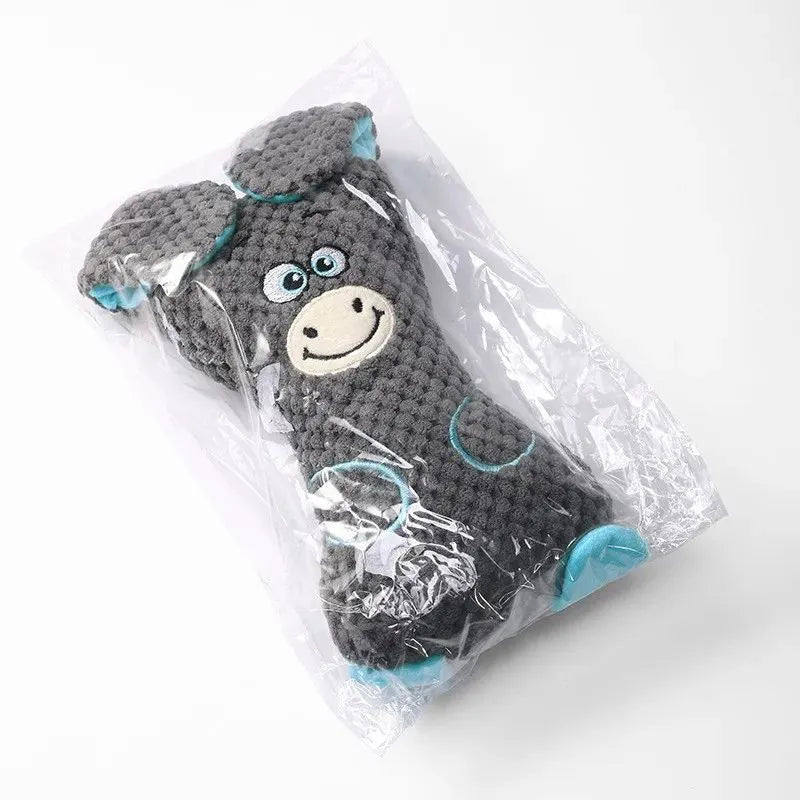 Dog plush bites toy in animal shape with squeaker for teeth cleaning, available in blue green orange