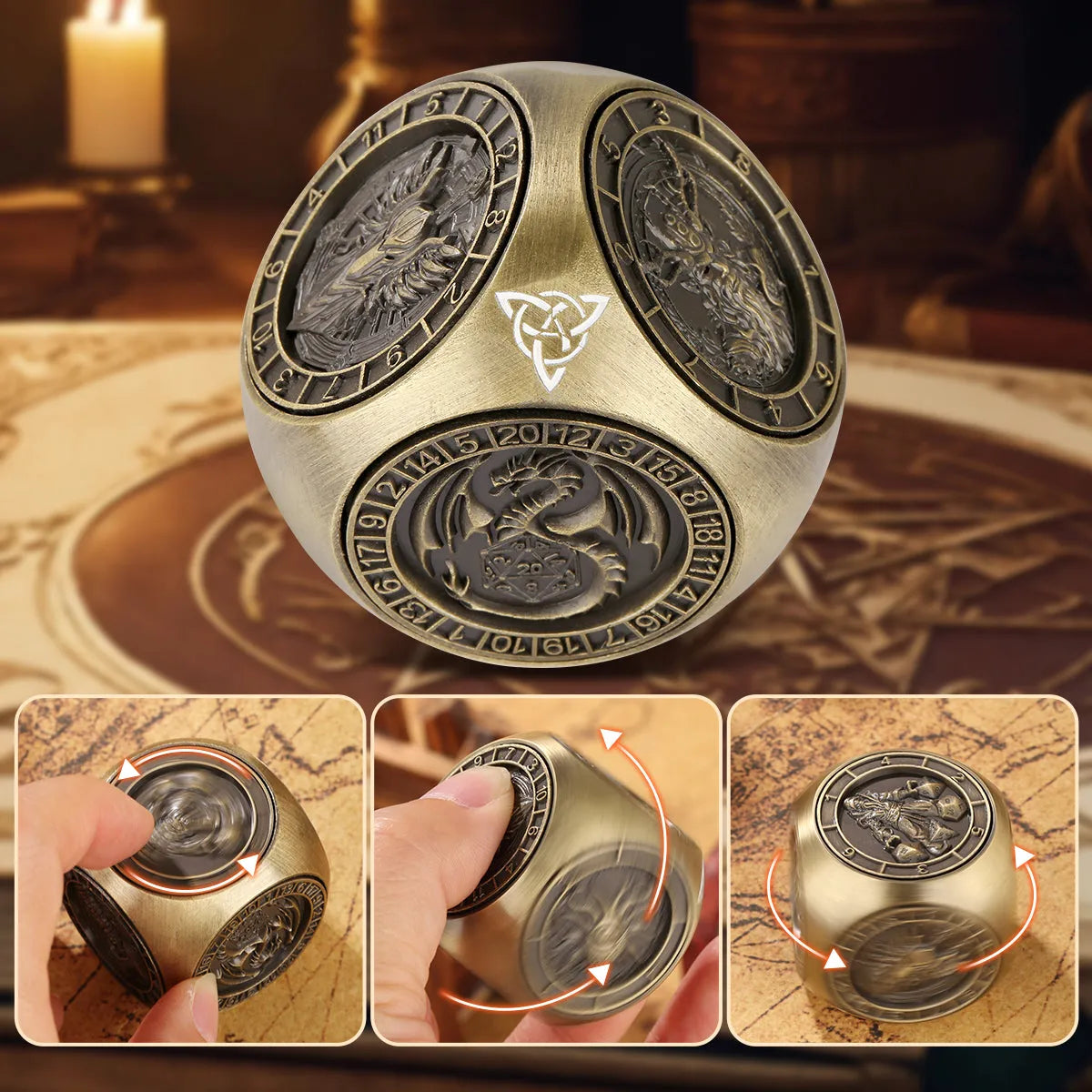 6-pack retro metal dice wheel gift box set with bronze, dark silver, and black finishes on a tabletop