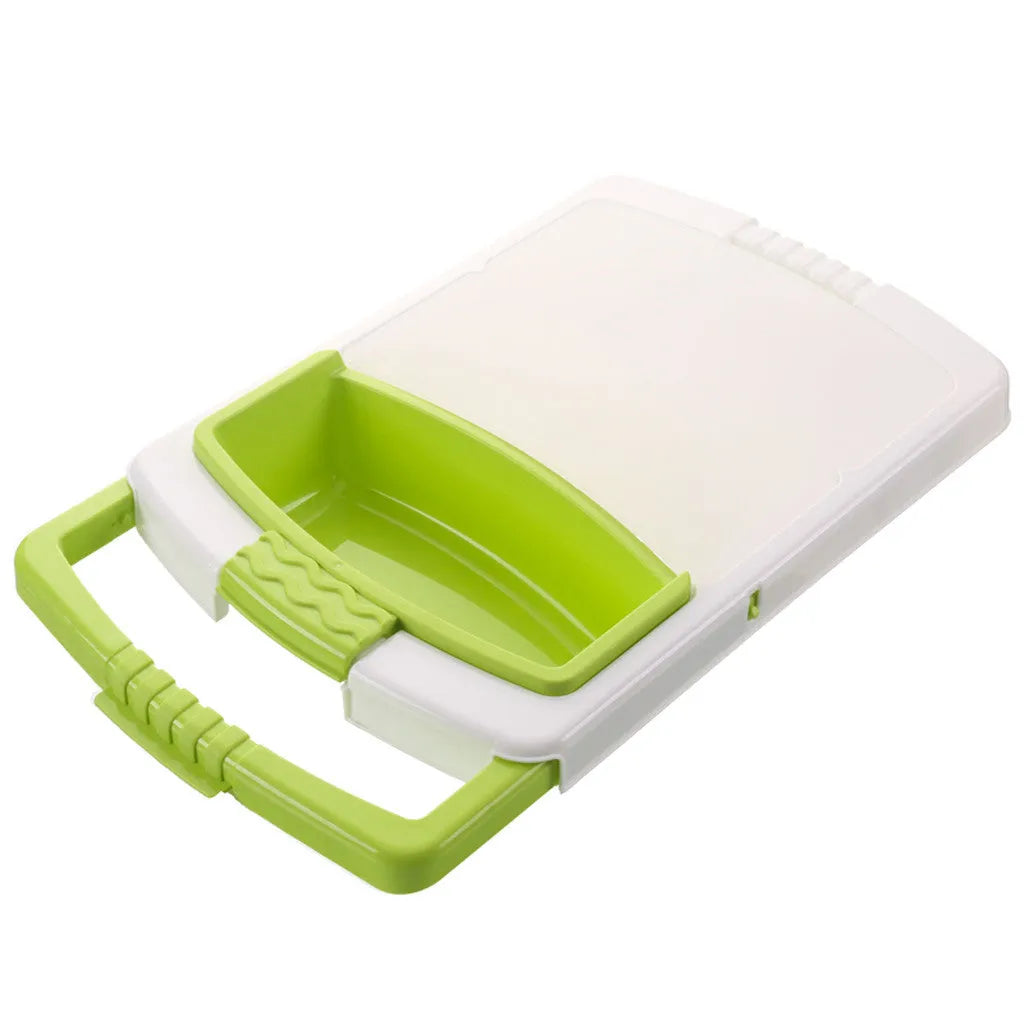 Green multi-function cutting board with drain holes mounted on a kitchen sink edge