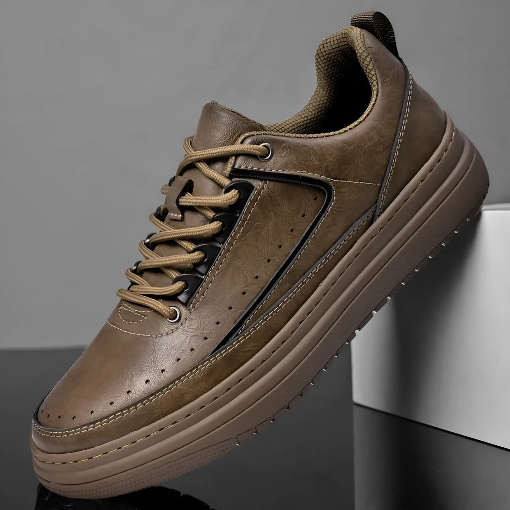 Men's retro genuine cowhide leather lace-up casual shoes in black, round toe, flat heel, rubber sole