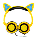LED illuminated cat ear headphones showing lighted ears and cushions in one of seven colour options