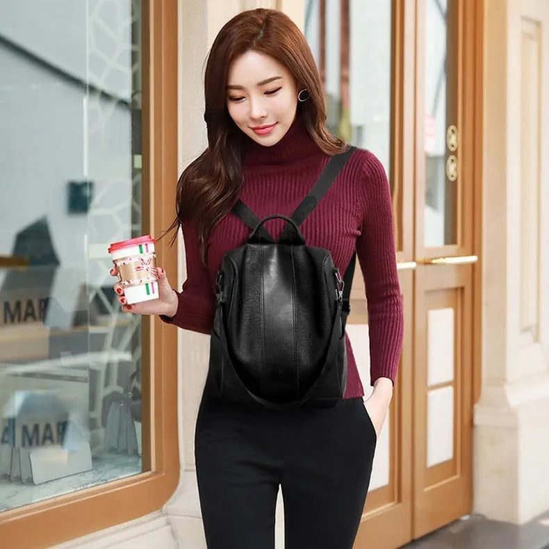 Women's solid colour large capacity PU leather backpack with zipper, black, 31x15x32cm