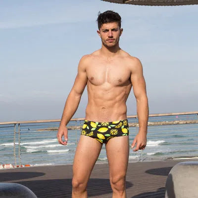 Men's low rise spandex swim boxer briefs in photo colour, sizes S to XXL