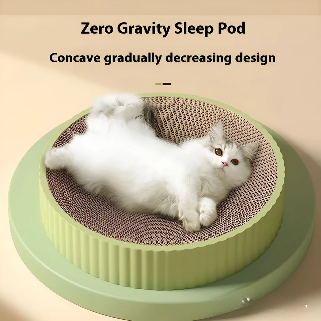 Green round cat scratching board made of corrugated cardboard, 55cm diameter.