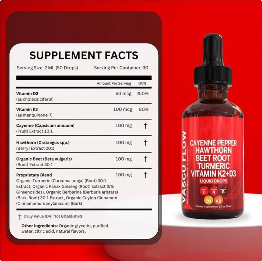 60ml glass bottle of Vitamin D3 K2 Hawthorn Fruit liquid supplement with dropper