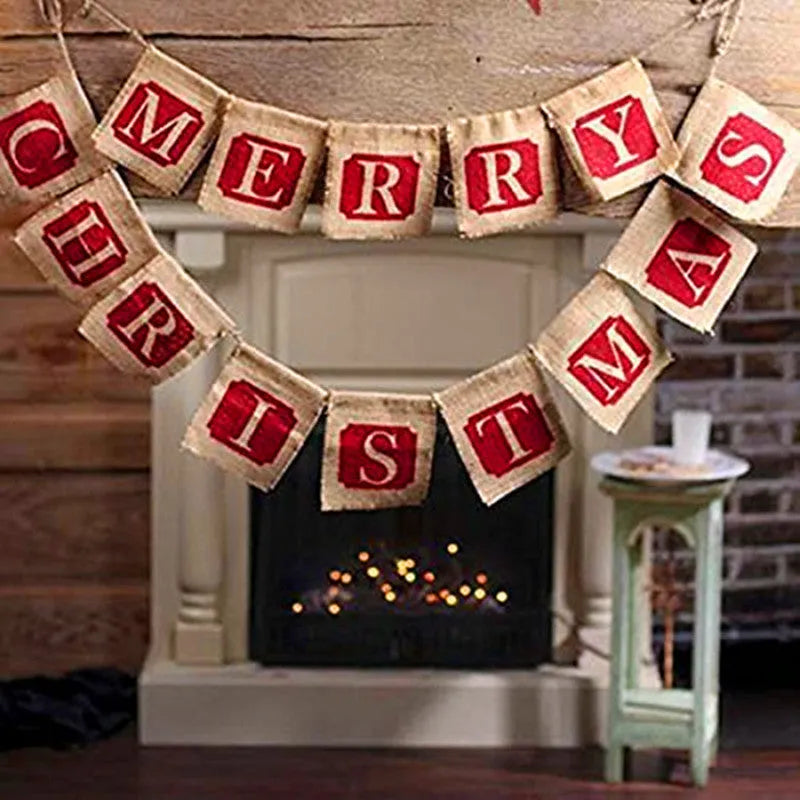 Brown and red burlap Christmas banner with 14 fabric flags on natural string