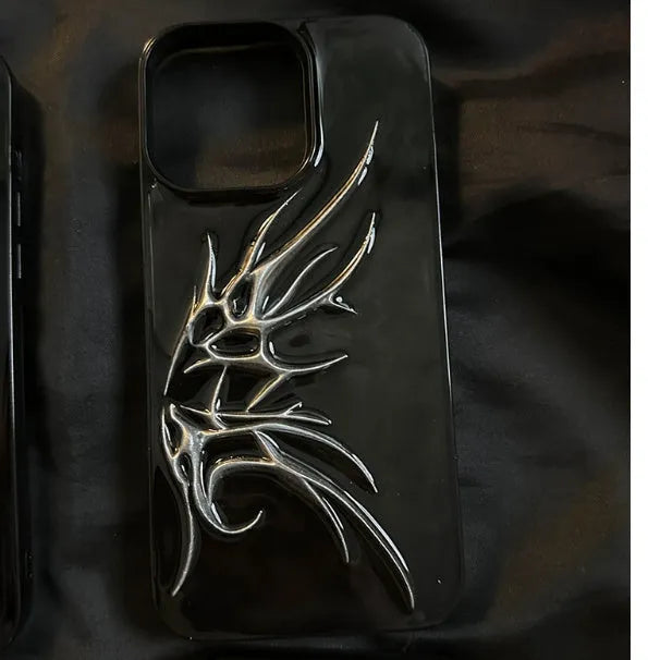 Black iPhone case with three-dimensional blurred wings design showing raised edges and precise port cutouts