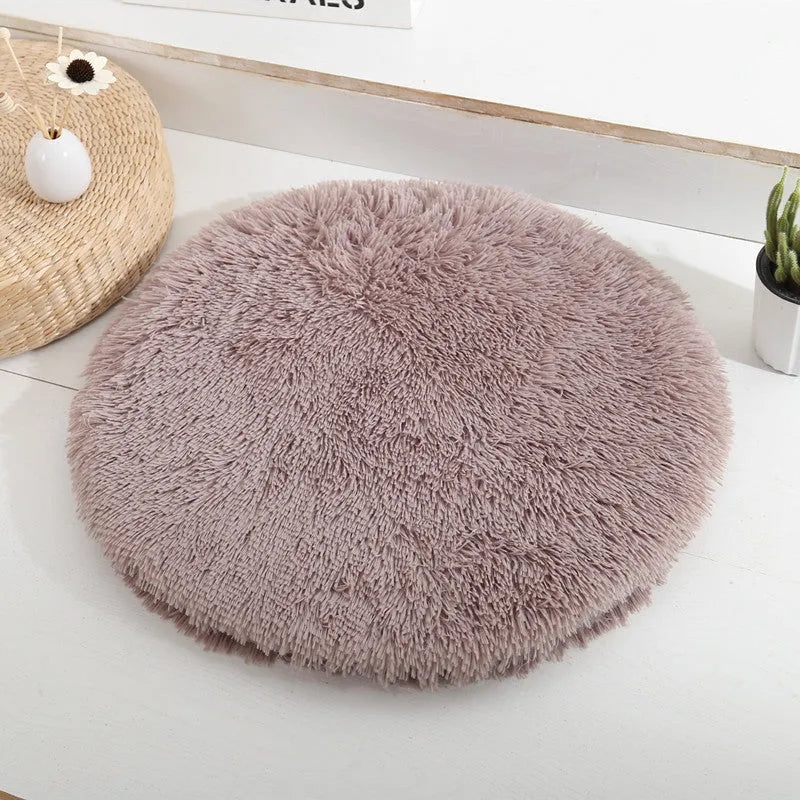 Round polyester pet bed for small dogs and cats, 40cm diameter, light grey colour, with raised edge