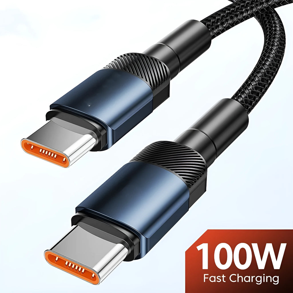 Aluminium alloy USB C fast charge cable with woven braiding in blue colour showing connector detail
