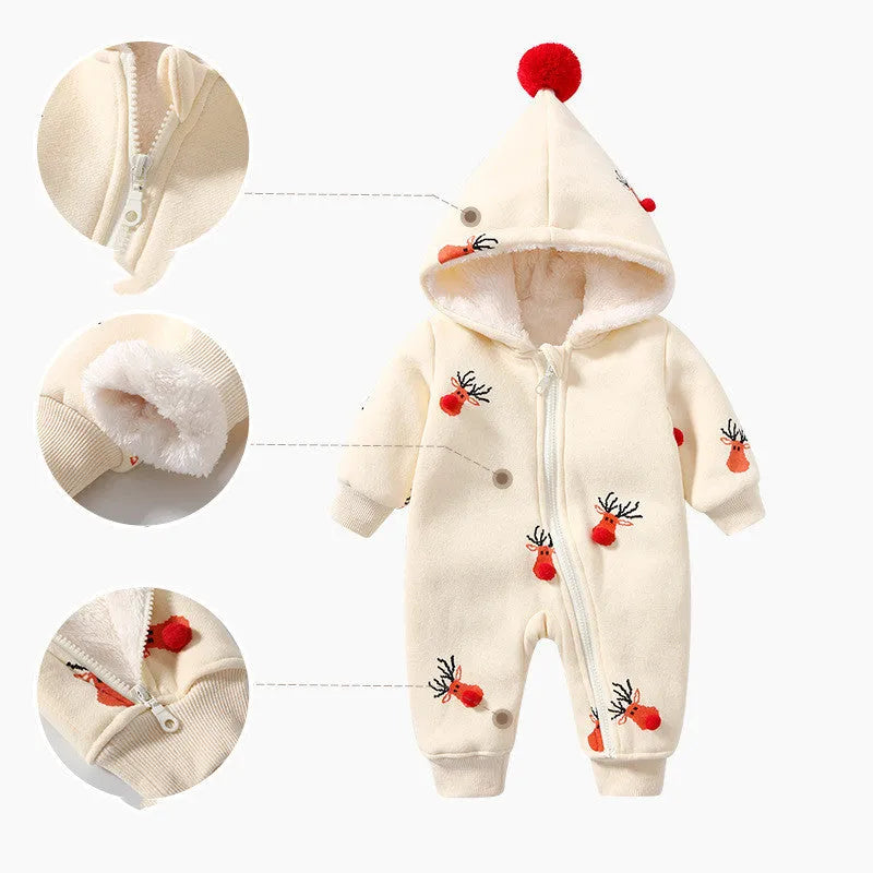Khaki baby padded crawling suit with Christmas moose print in Korean style
