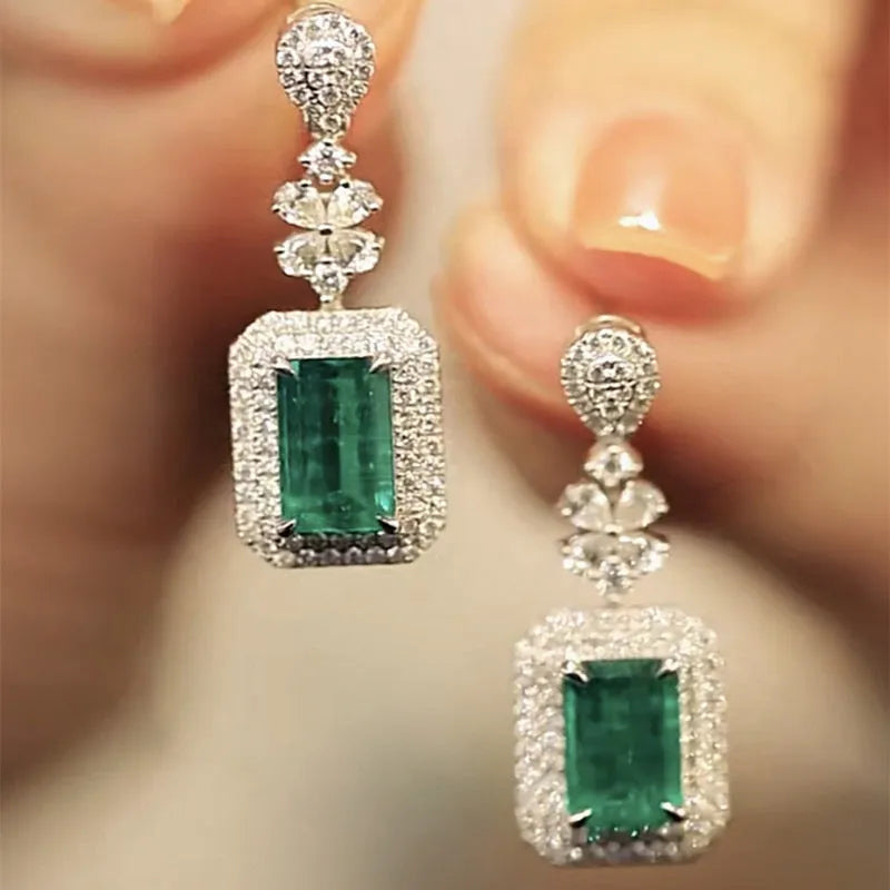 Green square bright zircon drop earrings with flower and geometric design in copper