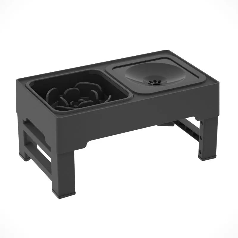 Adjustable height black dog bowl stand with two stainless steel food and water bowls